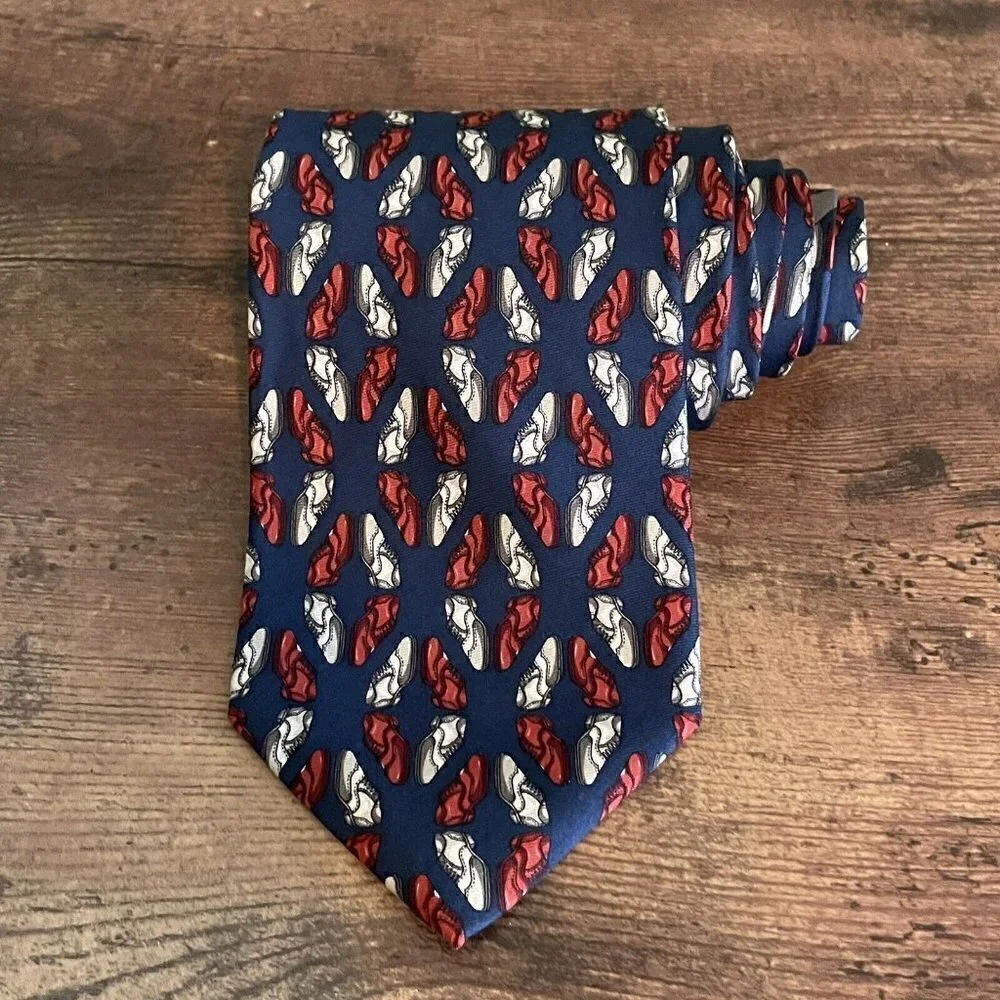 Bally Mens Silk Necktie USA Made Navy Blue Spectator Wingtip Shoe Novelty Print